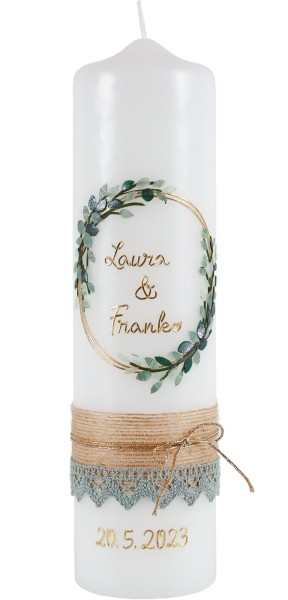 Hochzeitskerze, Eukalyptus, Spitzenband, 275x70 mm, weiß