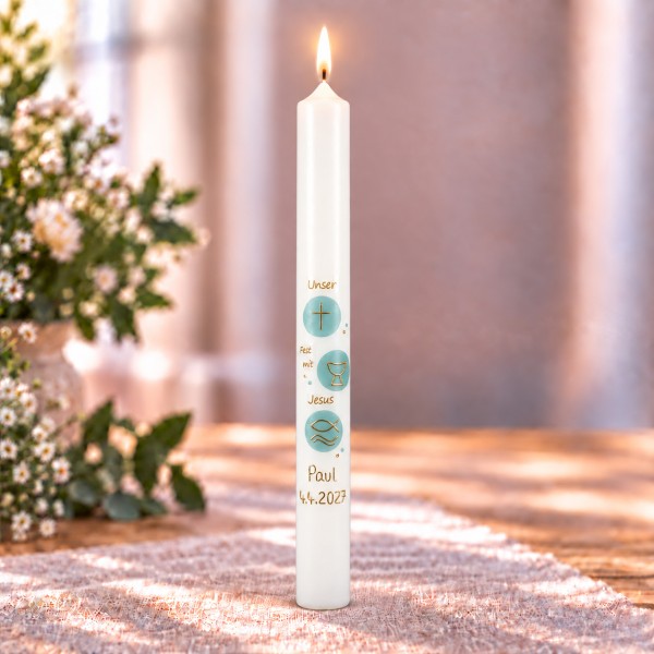 Kommunionkerze, Unser Fest mit Jesus, Symbole, Smaragd, 5957, Größe / Farbe wählbar