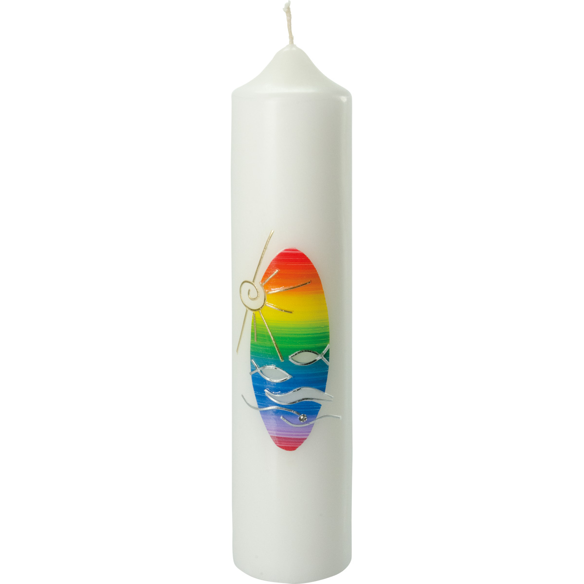 Taufkerze, Sonne-Fische, Regenbogenfarben, silber-gold, 265x60, #4020
