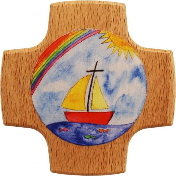 Holzkreuz, 810132, Regenbogen / Schiff, 8 x 8 cm