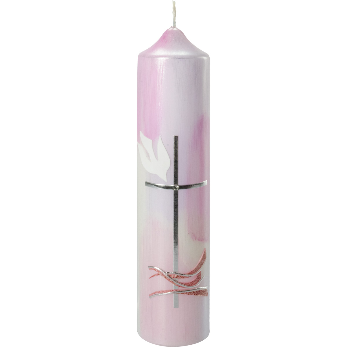 Taufkerze, Kreuz, Taube, Wasser, rosa, silber, 265x60, Nr.1907