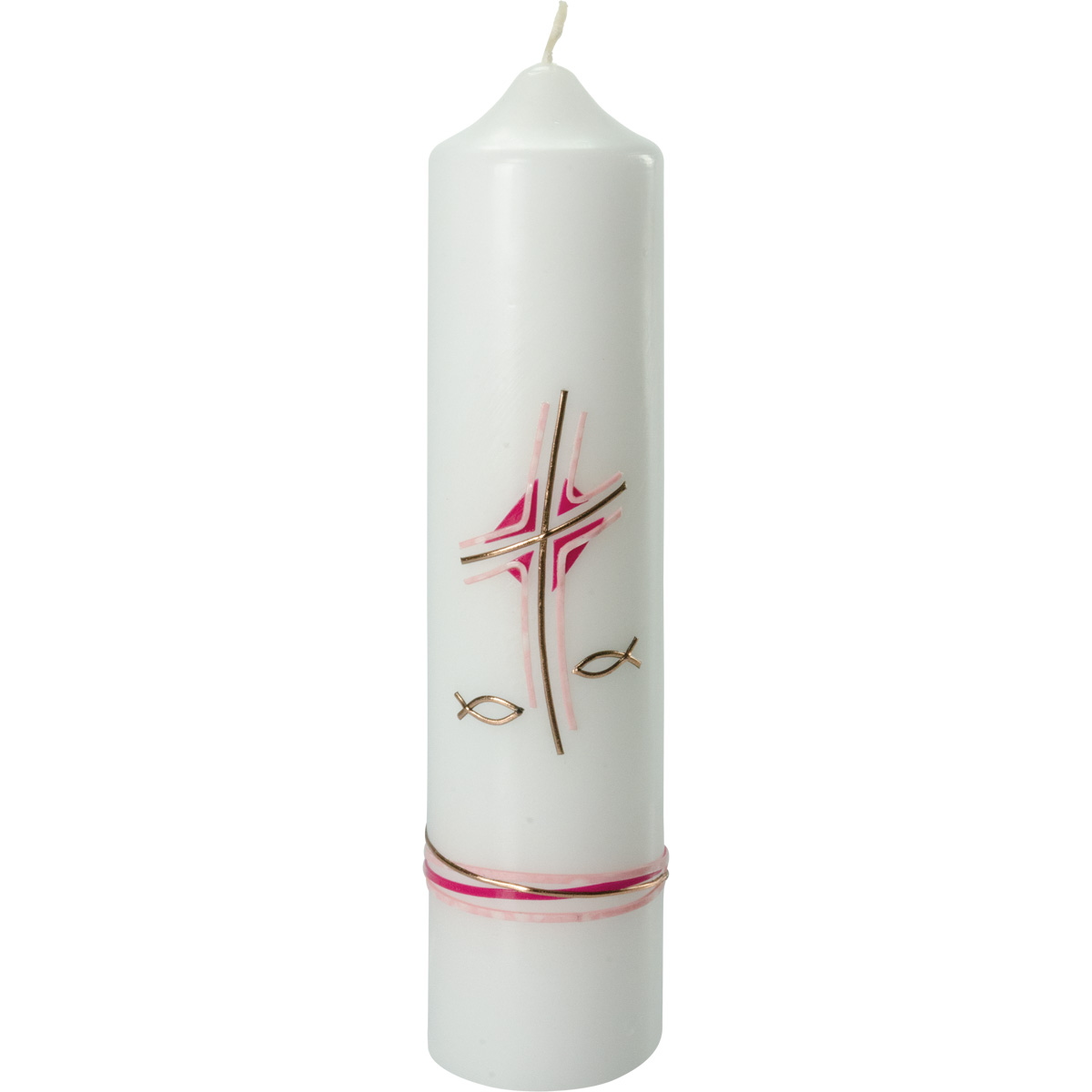 Taufkerze, Kreuz, Fische, rosa, kupfer, 265x60, #4026