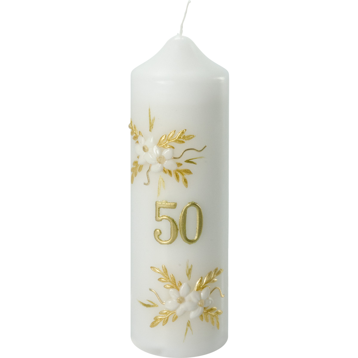 Goldene-Hochzeitskerze, weiße Blüten, goldene Blätterranken, -50-, 165x50, Nr.956