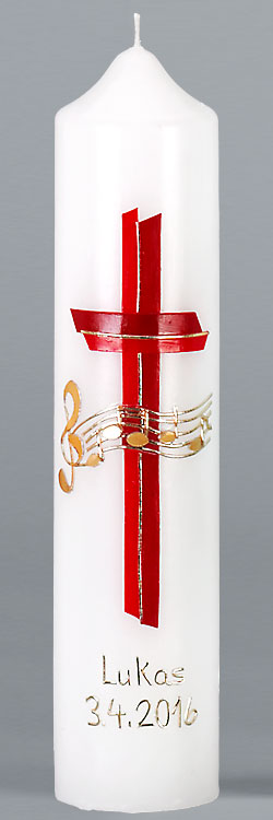 Kommuniontischkerze, Wir sind Gottes Melodie, rot, gold, 265x60, weiß, 4875