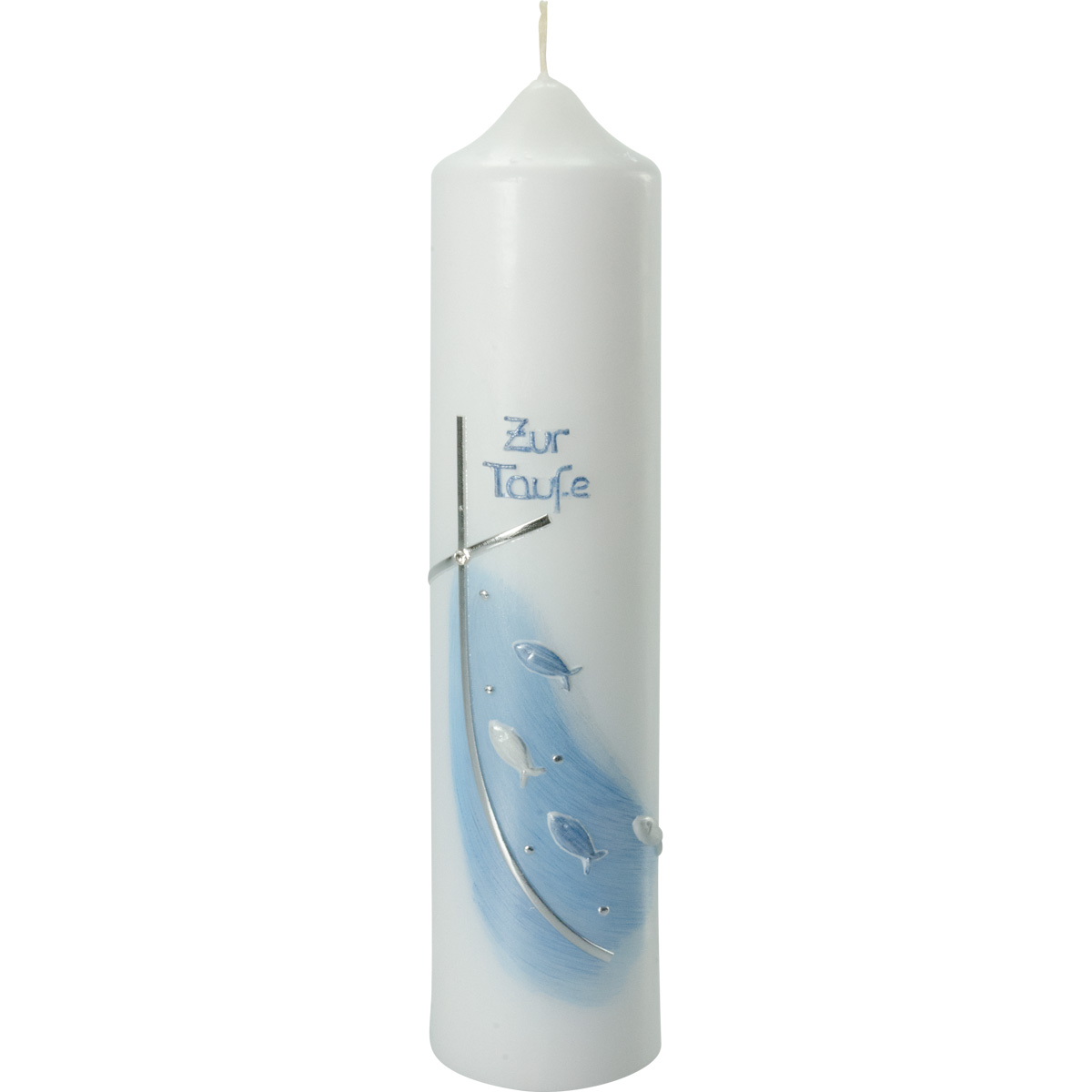 Taufkerze, Kreuz&Fische, Zur Taufe, blau, silber, 265x60, Nr.2011