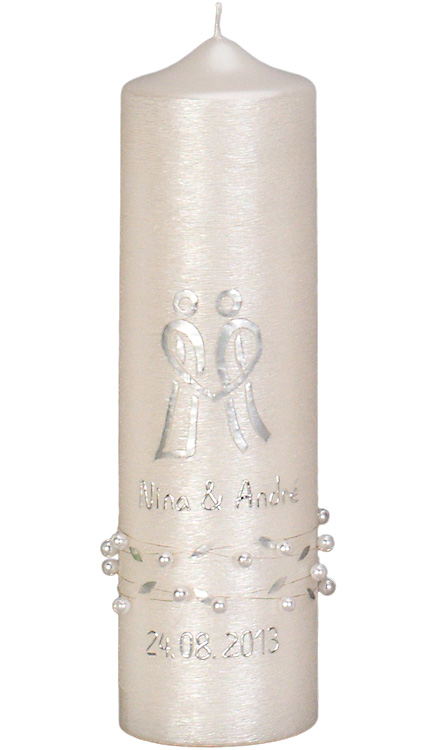 Hochzeitskerze 4413, 250x70, silbergl.-struktur, Brautpaar, Perlen