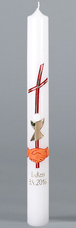 Kommunionkerze, Hände, Kreuz, Kelch, rot, gold, 5863, Größe wählbar