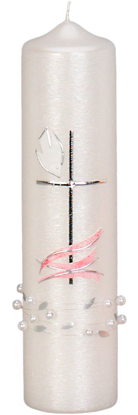 Taufkerze, 3001, 250x60, weiß, silbergl.-Strukt, Kreuz, Taube